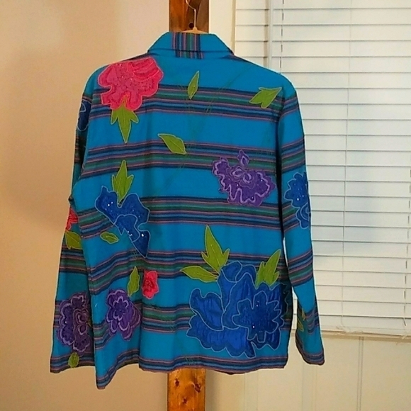 Chico's Blue Cotton Silk Flower Appliques Embroidered Beaded Size 2 Jacket Coat - Picture 2 of 7
